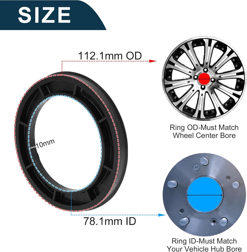 TUCKBOLD Car Wheel Hub Centric Rings Durable Wheels Center Shaft Shock Absorbing Hubrings Black 2 Pcs OD 112.1mm to ID 78.1 mm Polycarbonate - Image 3